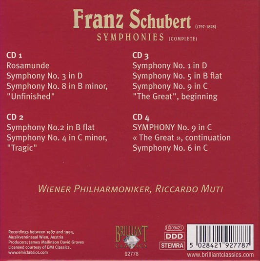 Franz Schubert - Wiener Philharmoniker, Riccardo Muti : Symphonies (Complete) (4xCD, Comp, RE + Box)