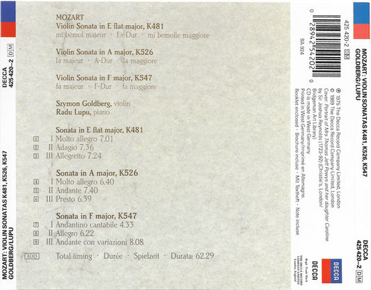 Wolfgang Amadeus Mozart, Szymon Goldberg, Radu Lupu : Violin Sonatas K481 - K526 - K547 (CD, Comp)
