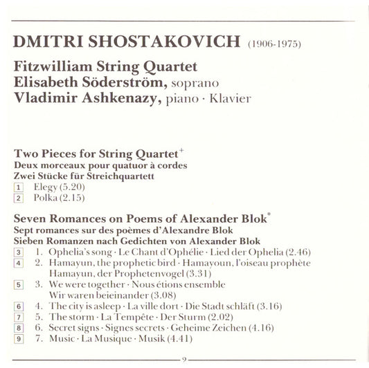 Dmitri Shostakovich - Fitzwilliam String Quartet, Elisabeth Söderström, Vladimir Ashkenazy : Piano Quintet - Seven Romances On Poems Of Alexander Blok (CD, Album)