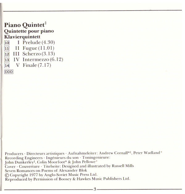 Dmitri Shostakovich - Fitzwilliam String Quartet, Elisabeth Söderström, Vladimir Ashkenazy : Piano Quintet - Seven Romances On Poems Of Alexander Blok (CD, Album)