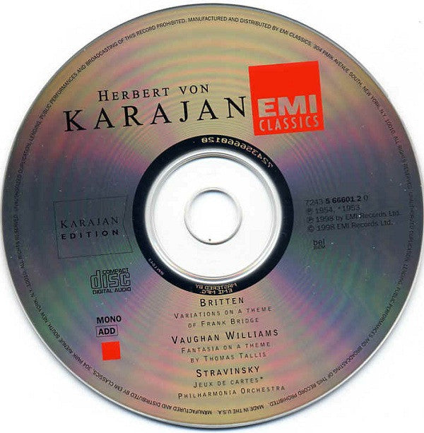 Herbert von Karajan - Benjamin Britten • Ralph Vaughan Williams • Igor Stravinsky : Variations On A Theme Of Frank Bridge • Fantasia On A Theme By Thomas Tallis • Jeu De Cartes (CD, Comp, Mono, RE, RM)