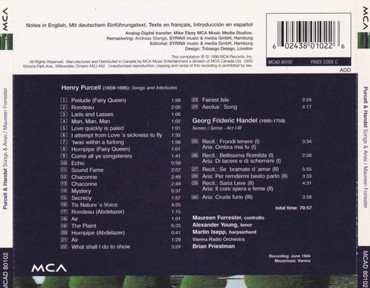 Henry Purcell & Georg Friedrich Händel / Maureen Forrester : Songs & Arias (CD, Album, RM)