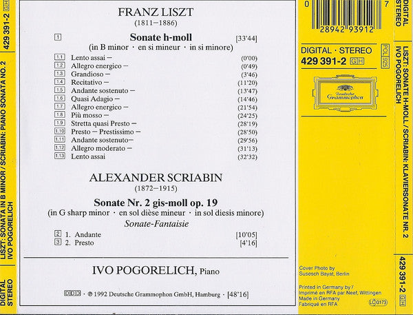 Franz Liszt / Alexander Scriabin, Ivo Pogorelich : Sonate H-Moll = Sonata In B Minor / Klaviersonate = Piano Sonata No. 2 (CD, Album)