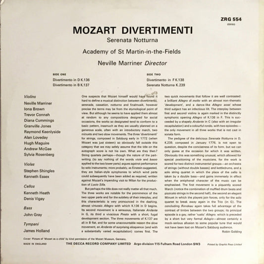 Wolfgang Amadeus Mozart, The Academy Of St. Martin-in-the-Fields Directed By Sir Neville Marriner : Three Divertimenti For Strings / Serenata Notturna (LP, RP)