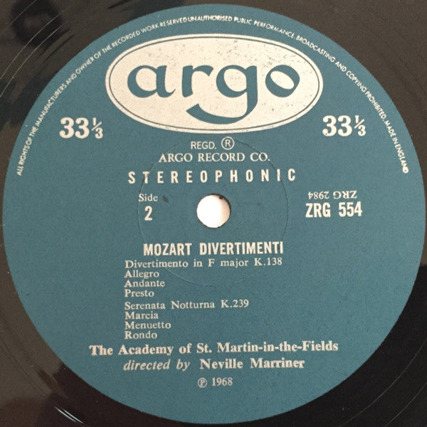 Wolfgang Amadeus Mozart, The Academy Of St. Martin-in-the-Fields Directed By Sir Neville Marriner : Three Divertimenti For Strings / Serenata Notturna (LP, RP)