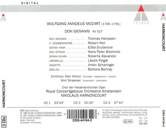 Wolfgang Amadeus Mozart - Thomas Hampson · Edita Gruberova · Roberta Alexander · Barbara Bonney · Hans Peter Blochwitz · László Polgár · Anton Scharinger · Robert Holl · Concertgebouworkest · Nikolaus Harnoncourt : Don Giovanni (3xCD, Album, RE + Box, Sli)