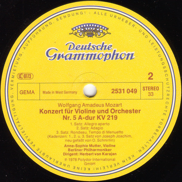 Wolfgang Amadeus Mozart, Anne-Sophie Mutter • Berliner Philharmoniker, Herbert von Karajan : Violinkonzerte = Violin Concertos (No.3 G-dur = G Major KV 216 · No.5 A-dur = A Major KV 219) (LP)