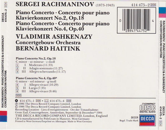 Sergei Rachmaninoff - Vladimir Ashkenazy, Concertgebouworkest, Bernard Haitink : Piano Concertos = Klavierkonzerte 2 & 4 (CD, Album)
