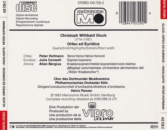 Christoph Willibald Gluck - Peter Hofmann, Julia Conwell, Allan Bergius, Heinz Panzer, Chor Des Dortmunder Musikvereins, Gürzenich-Orchester Kölner Philharmoniker : Orfeo Ed Euridice, Querschnitt (CD, Album)