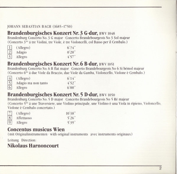 Johann Sebastian Bach, Concentus Musicus Wien, Nikolaus Harnoncourt : Brandenburgische Konzerte Nr. 3∙5∙6 (CD, Album)