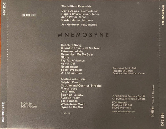 Jan Garbarek / The Hilliard Ensemble : Mnemosyne (2xCD, Album)