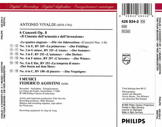 Antonio Vivaldi, I Musici, Federico Agostini : Die Vier Jahreszeiten (6 Concerti Op. 8) (CD, Album, RP)