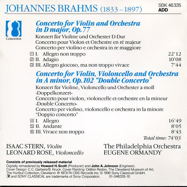 Johannes Brahms - Isaac Stern, Leonard Rose, Eugene Ormandy, The Philadelphia Orchestra : Violin Concerto / Concerto For Violin And Cello (CD, Album, Comp, RM)