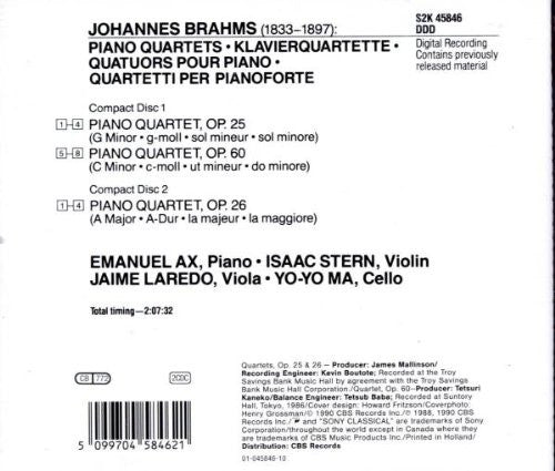 Johannes Brahms, Emanuel Ax, Isaac Stern, Jaime Laredo, Yo-Yo Ma : The Piano Quartets, Opp. 25, 26 & 60 (2xCD, Album)