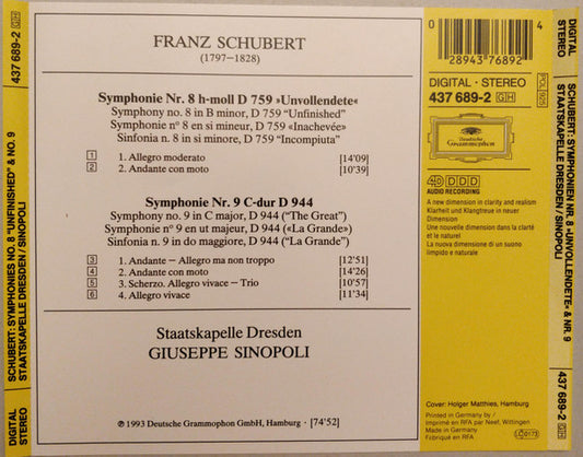 Franz Schubert - Staatskapelle Dresden · Giuseppe Sinopoli : Symphonien (No. 8 "Unvollendete • Unfinished • Inachevée" & No. 9) (CD, Album)