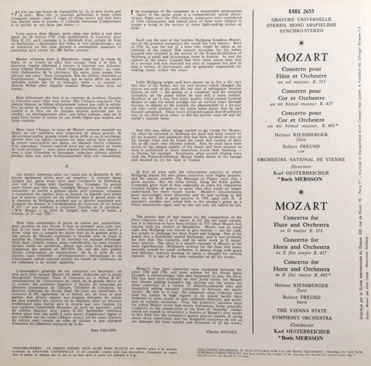 Wolfgang Amadeus Mozart, Wiener Symphoniker, Helmut Riessberger, Robert Freund, Karl Österreicher : Flute Concerto K. 313 - Horn Concertos K. 417 And K. 495 (LP, Club)