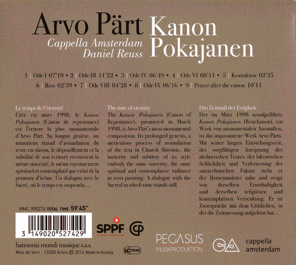 Arvo Pärt - Cappella Amsterdam, Daniel Reuss : Kanon Pokajanen (CD, Album)