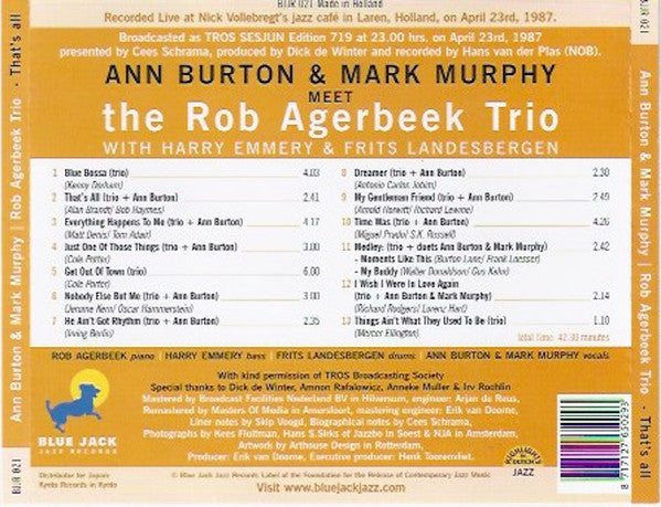 Ann Burton & Mark Murphy Meet Rob Agerbeek Trio : That's All. Historic TROS Sesjun Radio Broadcast From 1987 (CD, Album)