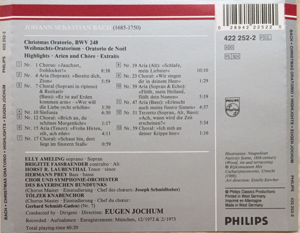 Johann Sebastian Bach - Elly Ameling / Brigitte Fassbaender, Hermann Prey - Horst R. Laubenthal, Tölzer Knabenchor, Chor Des Bayerischen Rundfunks und Symphonie-Orchester Des Bayerischen Rundfunks, Eugen Jochum : Weihnachts-Oratorium - Christmas Oratorio (CD)