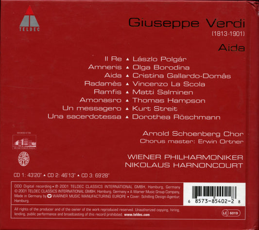 Giuseppe Verdi, Wiener Philharmoniker, Nikolaus Harnoncourt, Cristina Gallardo-Domâs, Vincenzo La Scola, Olga Borodina, Thomas Hampson, Matti Salminen (2), László Polgár : Aida (3xCD, Album)