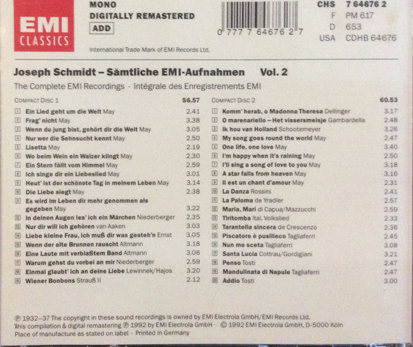Joseph Schmidt : Sämtliche EMI-Aufnahmen / Complete EMI Recordings, Vol. 2 (2xCD, Comp)