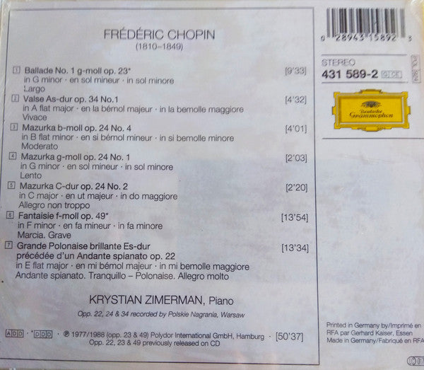 Frédéric Chopin, Krystian Zimerman : Andante Spianato Et Grande Polonaise Brillante • Fantasie • Ballade • Walzer • 3 Mazurken (CD)