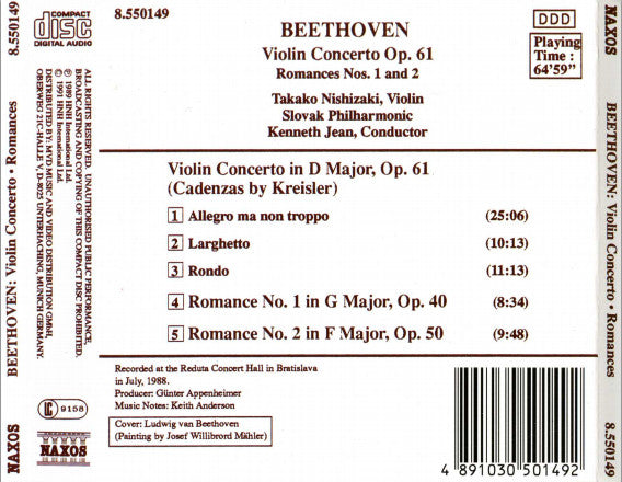 Ludwig van Beethoven - Takako Nishizaki, Slovak Philharmonic Orchestra, Kenneth Jean : Violin Concerto / Romances Nos. 1 And 2 (CD, Album)