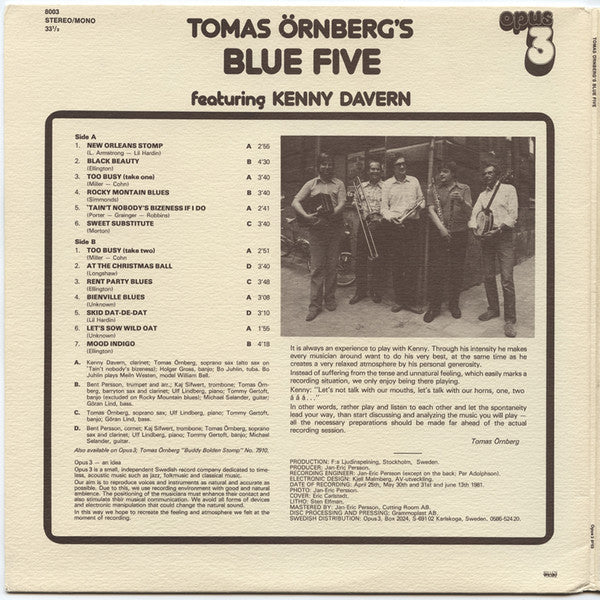 Tomas Örnberg's Blue Five Feat. Kenny Davern : Tomas Örnberg's Blue Five (LP, Album, Gat)