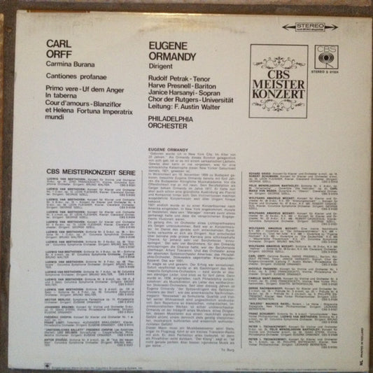 Carl Orff - The Philadelphia Orchestra, Eugene Ormandy, Janice Harsanyi / Rudolf Petrak / Harve Presnell, The Rutgers University Choir, F. Austin Walter : Carmina Burana / Cantiones Profanae (LP, RE)