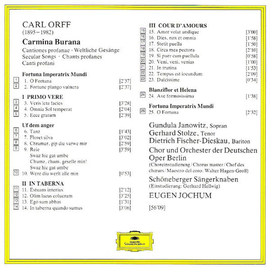 Carl Orff - Gundula Janowitz · Gerhard Stolze · Dietrich Fischer-Dieskau · Chor der Deutschen Oper Berlin Und Orchester Der Deutschen Oper Berlin, Eugen Jochum : Carmina Burana (CD, Album, RE, RM)