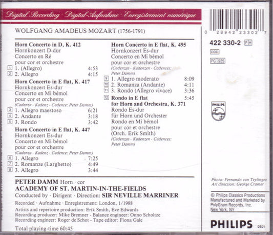 Wolfgang Amadeus Mozart, Peter Damm, The Academy Of St. Martin-in-the-Fields, Sir Neville Marriner : The Horn Concertos = Die Hornkonzerte (Les 4 Concertos Pour Cor Et Orchestre · Rondo KV 371) (CD, Album)