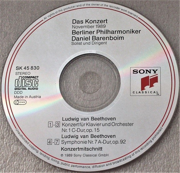 Ludwig van Beethoven, Berliner Philharmoniker, Daniel Barenboim : Das Konzert - November 1989 (CD, Album)