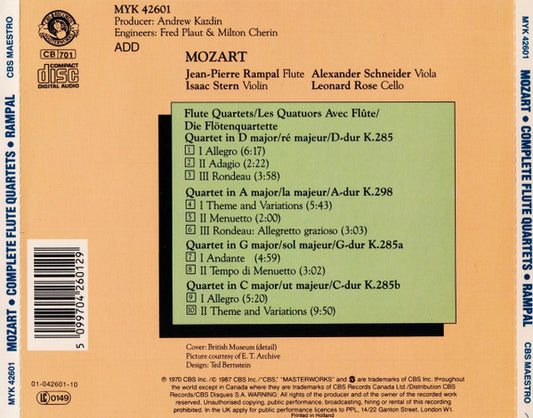 Wolfgang Amadeus Mozart - Jean-Pierre Rampal, Isaac Stern, Alexander Schneider, Leonard Rose : Complete Flute Quartets (CD, Album, RE)