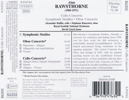 Alan Rawsthorne, Alexander Baillie, Stéphane Rancourt, Royal Scottish National Orchestra, David Lloyd-Jones : Cello Concerto / Oboe Concerto / Symphonic Studies (CD)