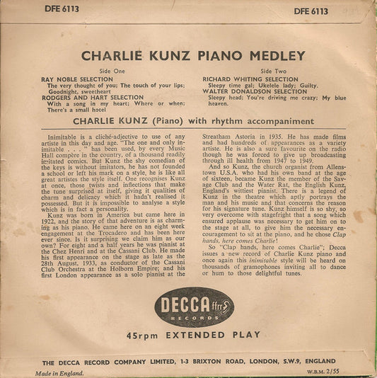 Charlie Kunz : Piano Medley (7", EP, Tri)