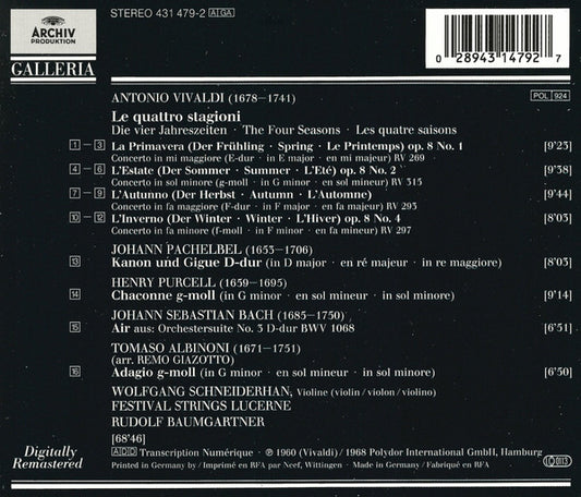 Antonio Vivaldi, Tomaso Albinoni, Johann Sebastian Bach, Johann Pachelbel, Henry Purcell – Wolfgang Schneiderhan, Festival Strings Lucerne, Rudolf Baumgartner : Le Quattro Stagioni (CD, Comp, RM, RP)