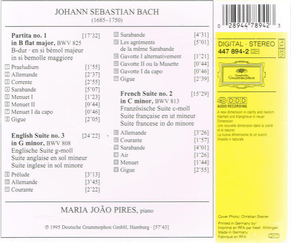 J. S. Bach*, Maria João Pires : Partita No. 1 • English Suite No. 3 • French Suite No. 2 (CD, Album, PMD)