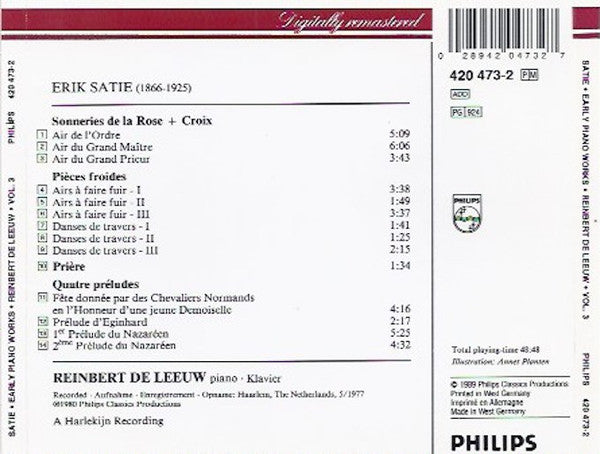 Erik Satie, Reinbert de Leeuw : Early Piano Works = Frühe Klavierstücke = Œuvres De Jeunesse Pour Piano (Vol./Folge 3) (CD, Album, RE, RM, PDO)