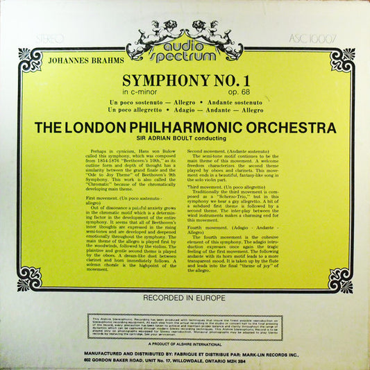 Johannes Brahms - London Philharmonic Orchestra, Sir Adrian Boult : Symphony No. 1 C Minor Opus 68 (LP)