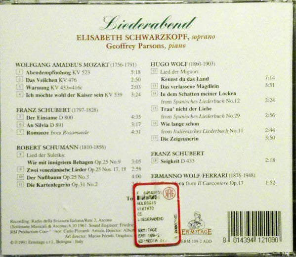 Elisabeth Schwarzkopf, Geoffrey Parsons (2) : Liederabend (CD, Album, RM)