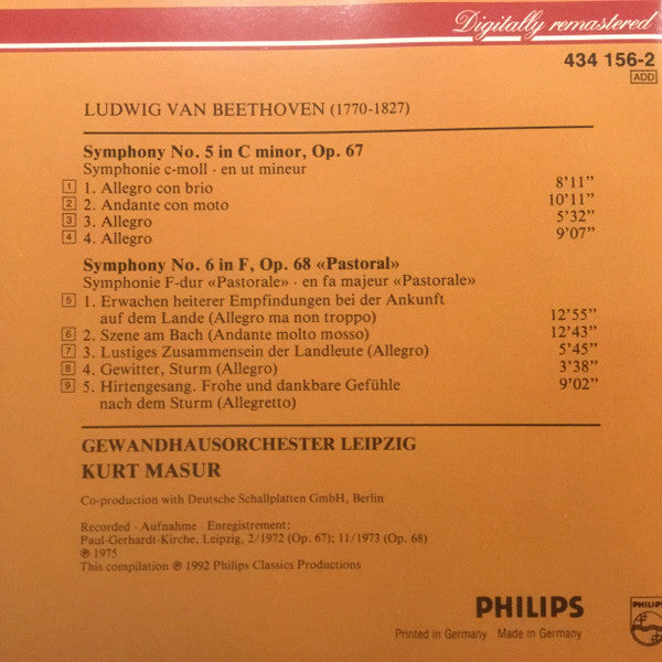 Kurt Masur, Gewandhausorchester Leipzig, Ludwig van Beethoven : Symphonies Nos. 5 & 6 (CD, Comp, RM)