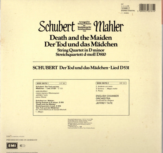 Schubert* Arranged For String Orchestra By Mahler*, Jeffrey Tate, English Chamber Orchestra / Ann Murray : Death And The Maiden = Der Tod Und Das Mädchen (String Quartet In D Minor = Streichquartett D-moll D810) / Der Tod Und Das Mädchen - Lied D531 (LP, DMM)