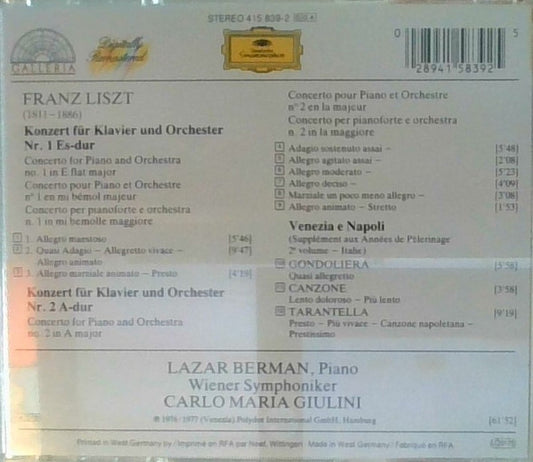 Franz Liszt - Lazar Berman, Wiener Symphoniker, Carlo Maria Giulini : Klavierkonzerte Nr. 1 & 2 / "Venezia E Napoli": Gondoliera, Canzone & Tarantella (CD, Comp, RM)