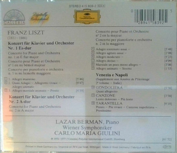 Franz Liszt - Lazar Berman, Wiener Symphoniker, Carlo Maria Giulini : Klavierkonzerte Nr. 1 & 2 / "Venezia E Napoli": Gondoliera, Canzone & Tarantella (CD, Comp, RM)