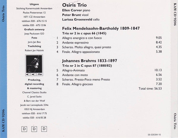 Osiris Trio : Johannes Brahms, Felix Mendelssohn-Bartholdy (CD, Album)