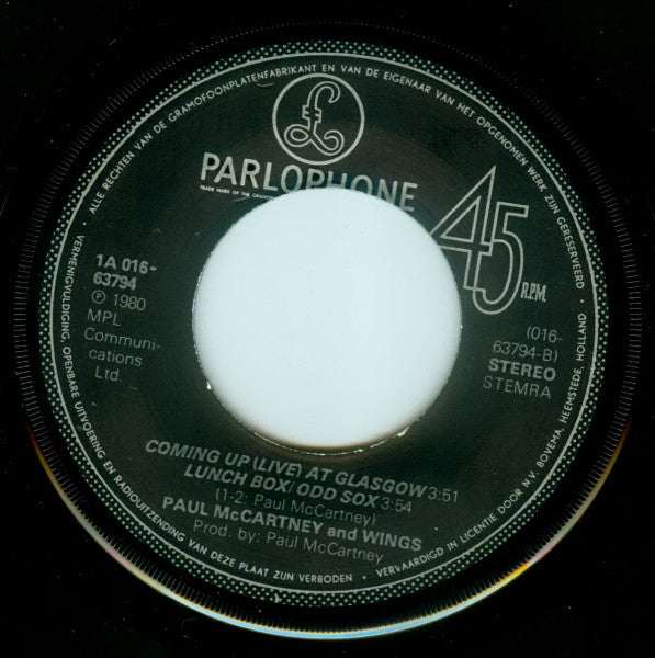 Paul McCartney : Coming Up (7", Single)