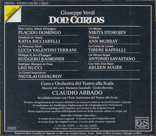 Giuseppe Verdi / Placido Domingo / Katia Ricciarelli / Lucia Valentini Terrani / Leo Nucci / Ruggero Raimondi / Nicolai Ghiaurov / Coro Del Teatro Alla Scala E Orchestra Del Teatro Alla Scala / Romano Gandolfi / Giulio Bertola / Claudio Abbado : Don Carlos (4xCD, Album, Sli + Box)