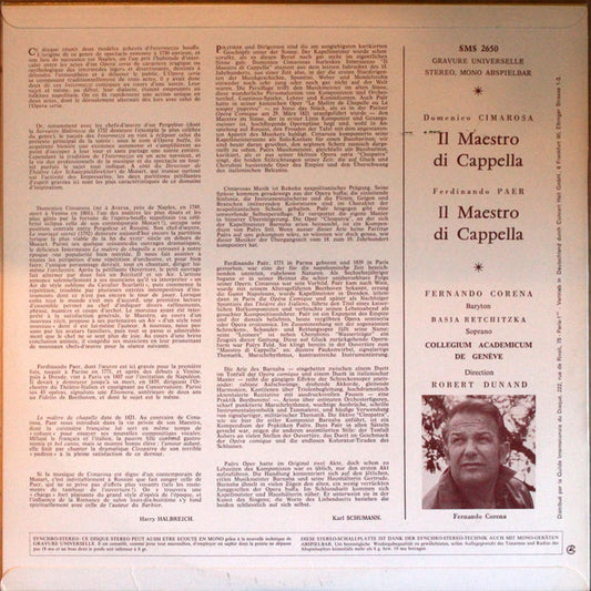 Domenico Cimarosa / Ferdinando Paer - Fernando Corena, Basia Retchitzka, Collegium Academicum De Genève, Robert Dunand : Il Maestro Di Cappella (LP)
