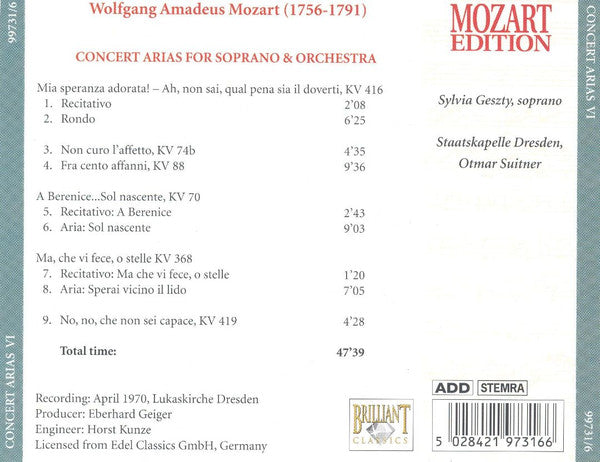 Wolfgang Amadeus Mozart : Concert Arias VI (CD)