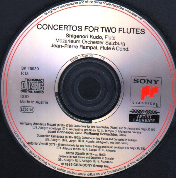 Wolfgang Amadeus Mozart ∙ Domenico Cimarosa ∙ Antonio Vivaldi ∙ Anton Stamitz, Das Mozarteum Orchester Salzburg, Jean-Pierre Rampal, Shigenori Kudo : Concertos For Two Flutes (CD, Album)